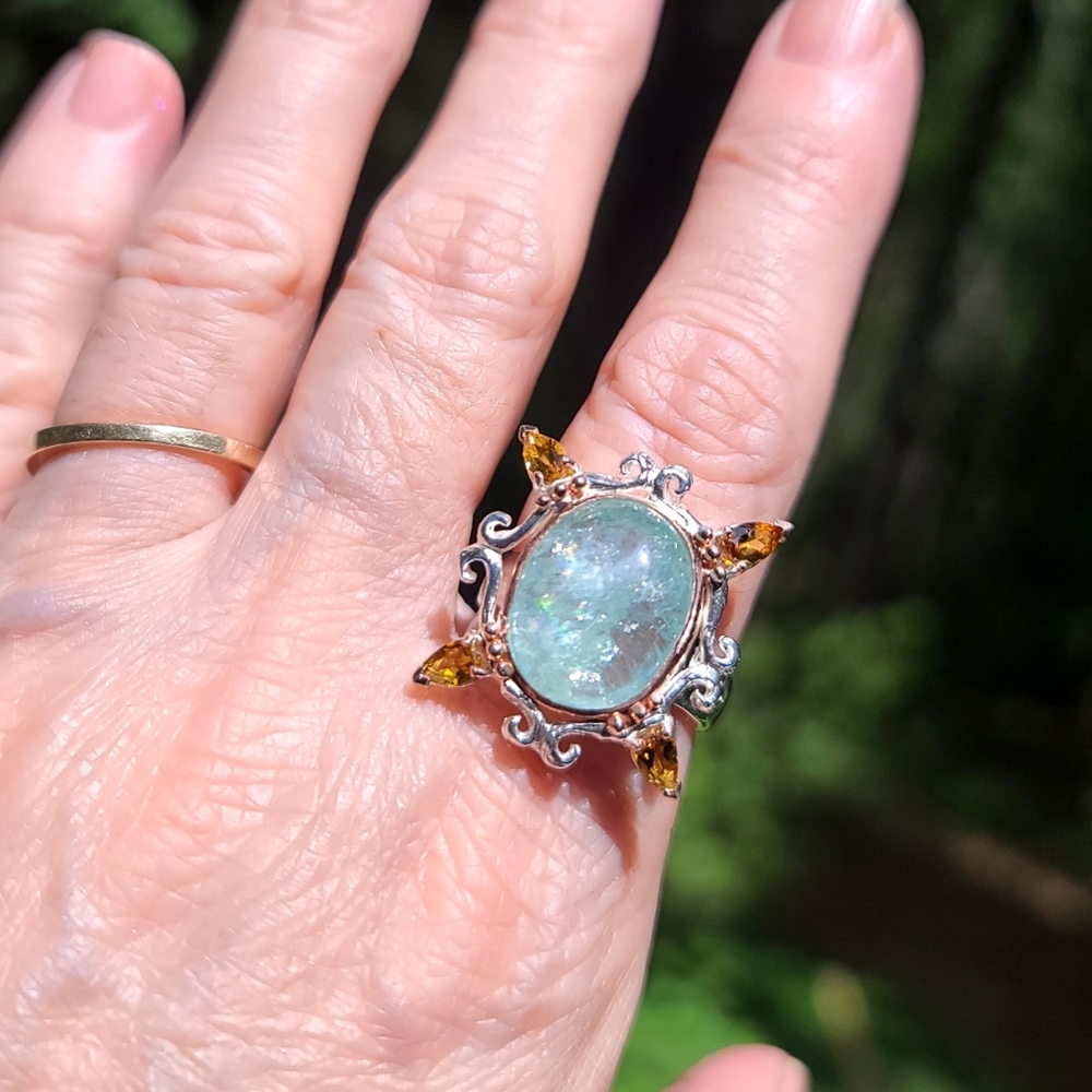 Oval 11k Aquamarine & Tourmaline portrait style Sterling ring sz9 - Picture 1 of 4